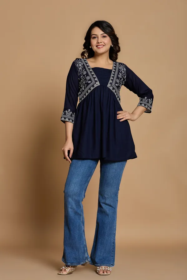 Navy_Blue_Embroidered_V_type_Stylized_Neck_Top_|_For_Women