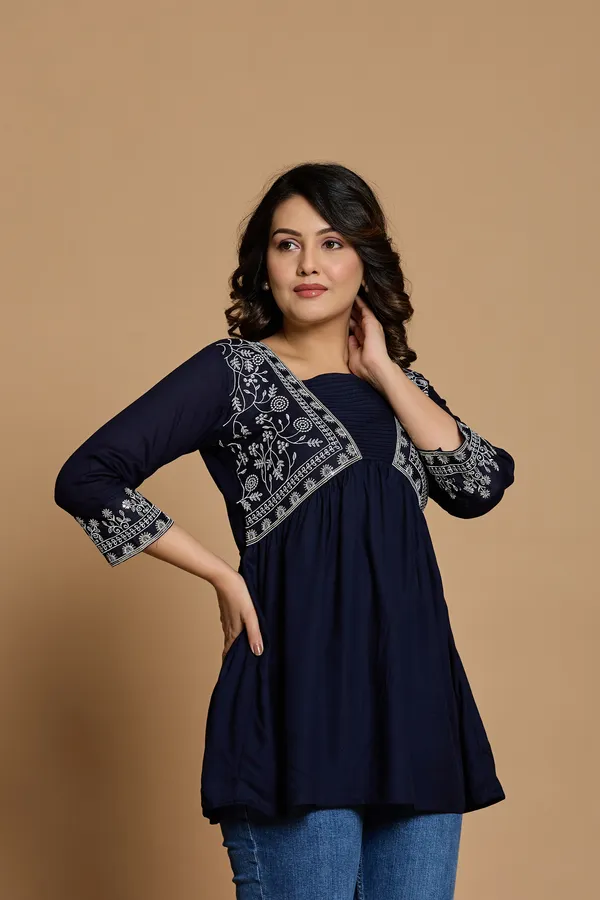 Navy_Blue_Embroidered_V_type_Stylized_Neck_Top_|_For_Women