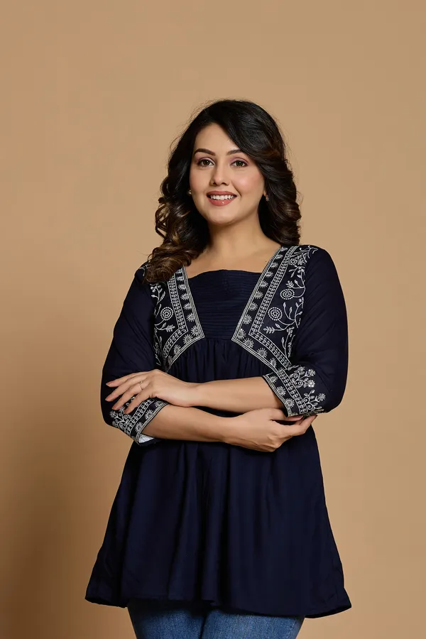 Navy_Blue_Embroidered_V_type_Stylized_Neck_Top_|_For_Women