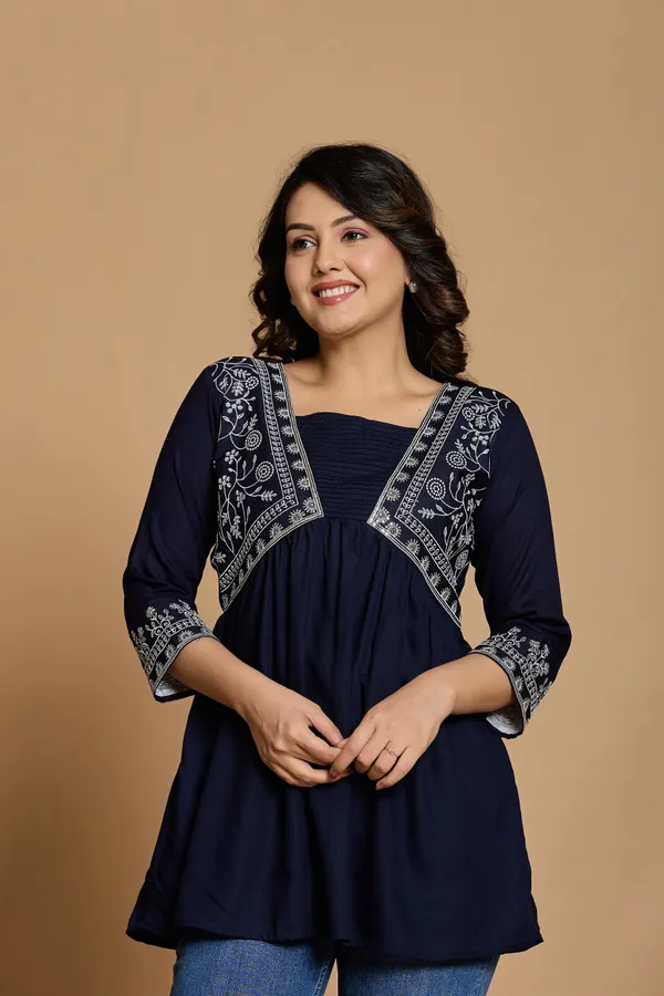 Navy_Blue_Embroidered_V_type_Stylized_Neck_Top_|_For_Women