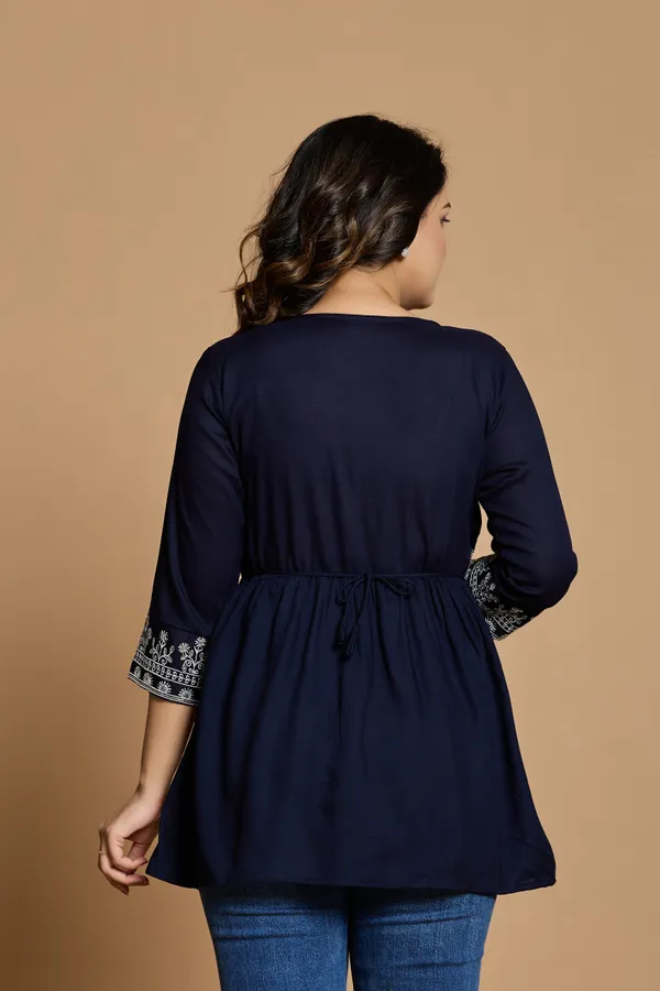 Navy_Blue_Embroidered_V_type_Stylized_Neck_Top_|_For_Women