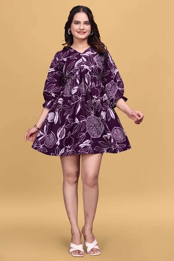 Purple_Floral_Printed_A-Line_Puff_Sleeves_Mini_Dress_|_For_Women