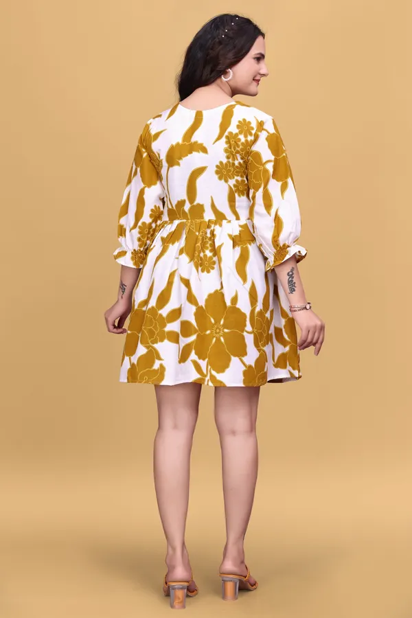 White_Floral_Printed_A-Line_Puff_Sleeves_Mini_Dress_|_For_Women