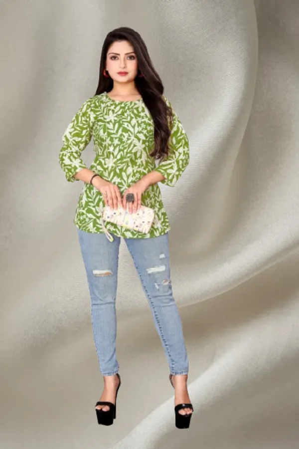 Green_Printed_Round_Neck_Rayon_Short_Kurti_|_For_Women