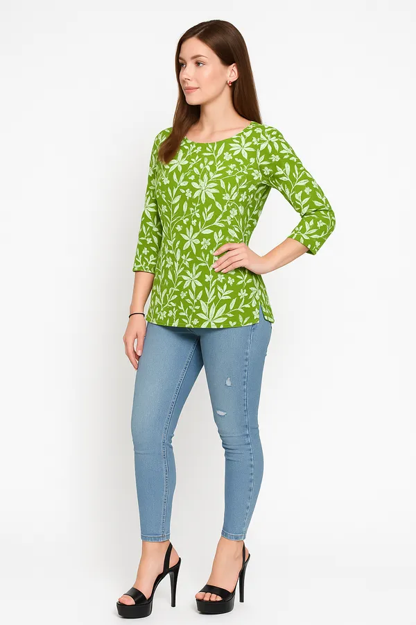 Green_Printed_Round_Neck_Rayon_Short_Kurti_|_For_Women