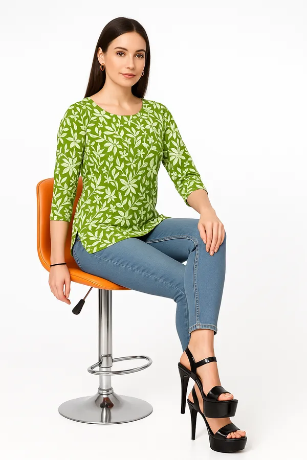 Green_Printed_Round_Neck_Rayon_Short_Kurti_|_For_Women
