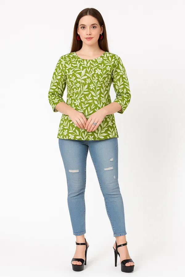 Green_Printed_Round_Neck_Rayon_Short_Kurti_|_For_Women