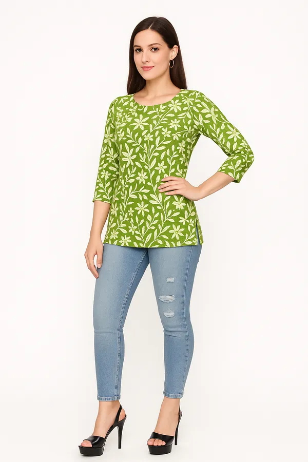 Green_Printed_Round_Neck_Rayon_Short_Kurti_|_For_Women