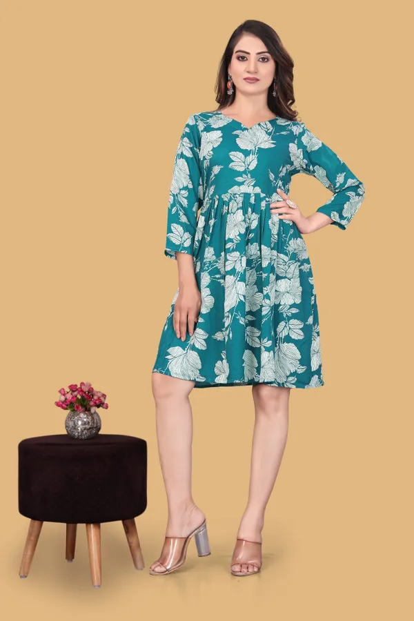 Green_Floral_Printed_A-Line_Puff_Sleeves_Mini_Dress_|_For_Women
