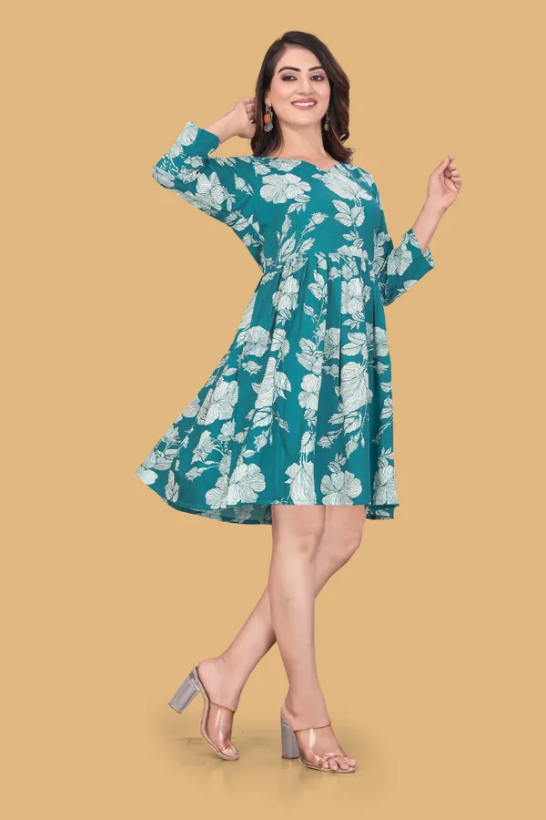 Green_Floral_Printed_A-Line_Puff_Sleeves_Mini_Dress_|_For_Women