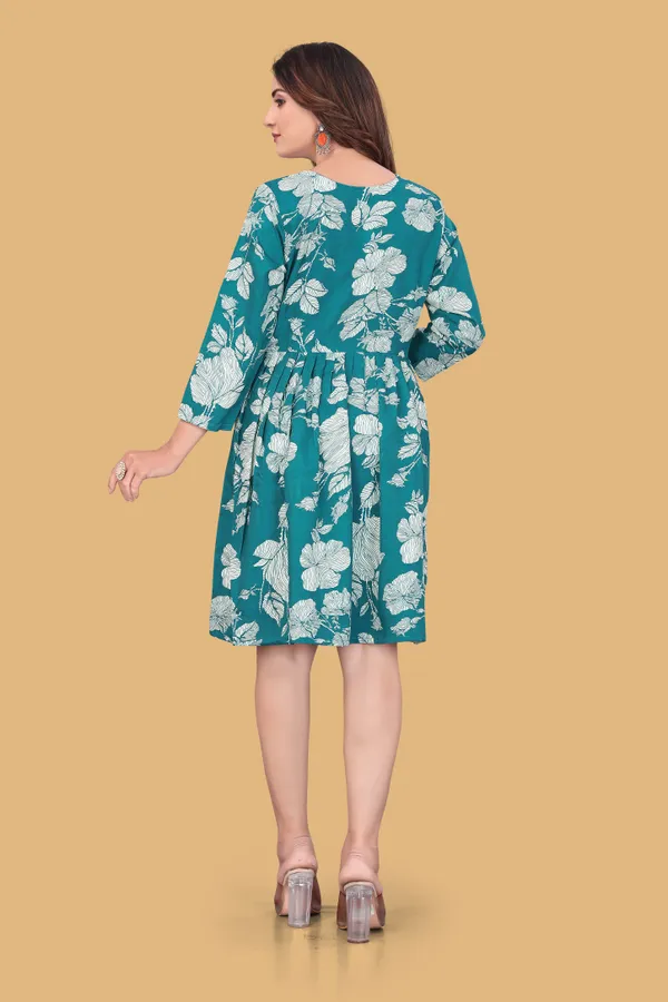 Green_Floral_Printed_A-Line_Puff_Sleeves_Mini_Dress_|_For_Women