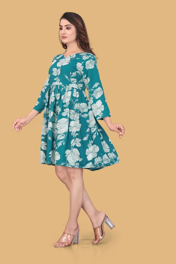 Green_Floral_Printed_A-Line_Puff_Sleeves_Mini_Dress_|_For_Women