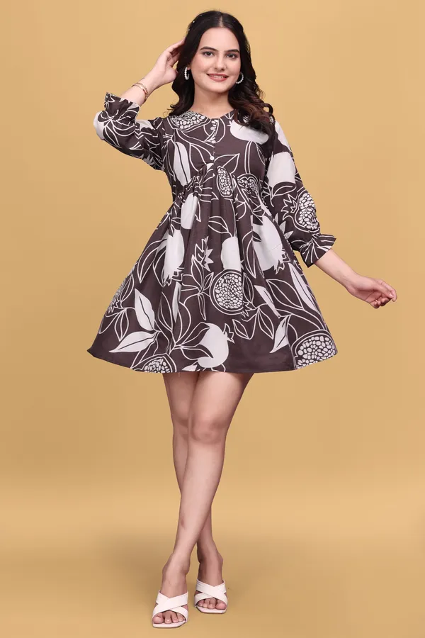 Brown_&_White_Floral_Printed_A-Line_Puff_Sleeves_Mini_Dress_|_For_Women