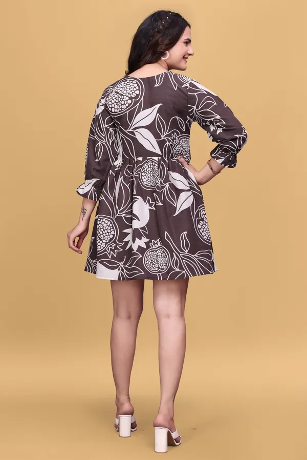Brown_&_White_Floral_Printed_A-Line_Puff_Sleeves_Mini_Dress_|_For_Women