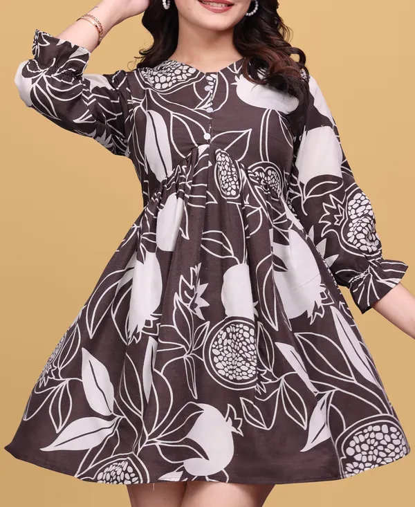Brown_&_White_Floral_Printed_A-Line_Puff_Sleeves_Mini_Dress_|_For_Women