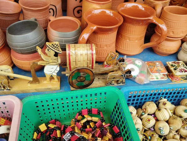 Yellow_And_Beige_Wood,_Ceramic,Terracotta_Clay_Toy_Bullock_Cart_Set_For_Indoor