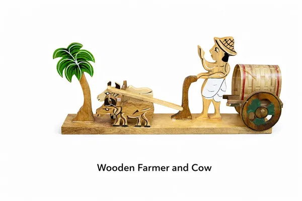 Yellow_And_Beige_Wood,_Ceramic,Terracotta_Clay_Toy_Bullock_Cart_Set_For_Indoor
