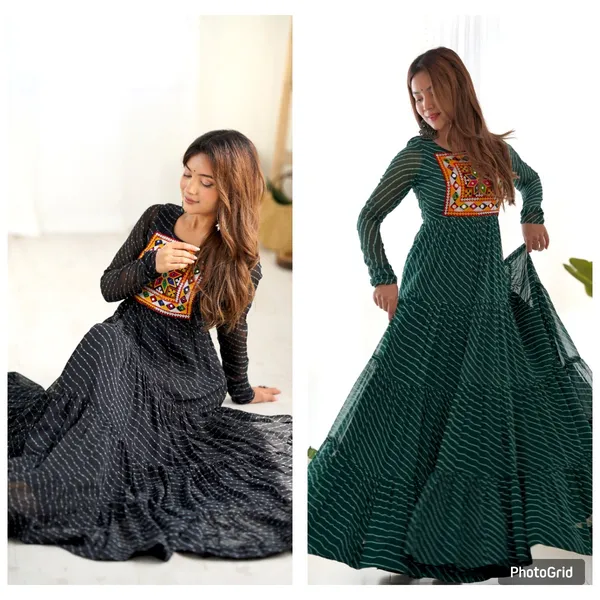 Black_&_Green_Heavy_Pure_Soft_Fox_Georgette_Laheriya_Print_Gown_For_Women(Pack_Of_2)_Fully_Stitched