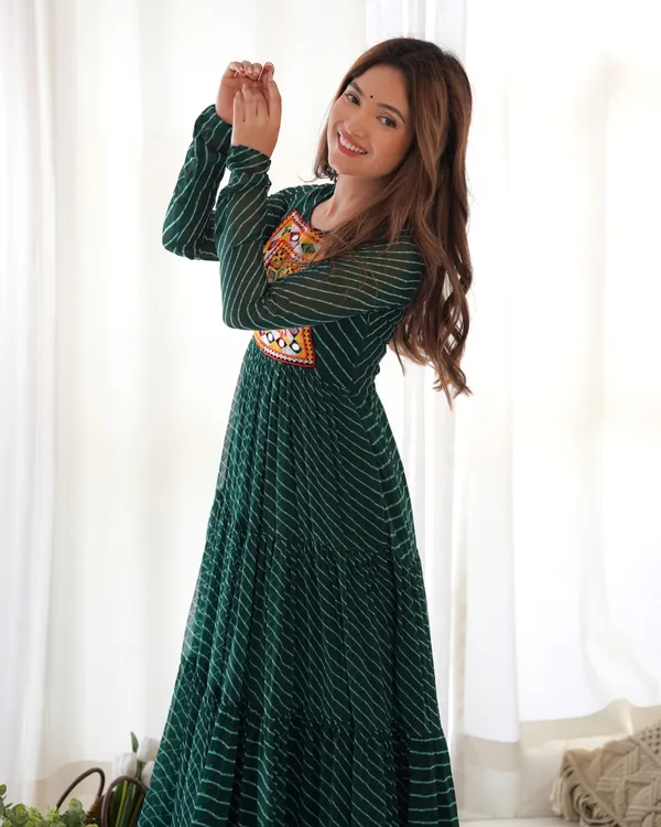 Black_&_Green_Heavy_Pure_Soft_Fox_Georgette_Laheriya_Print_Gown_For_Women(Pack_Of_2)_Fully_Stitched