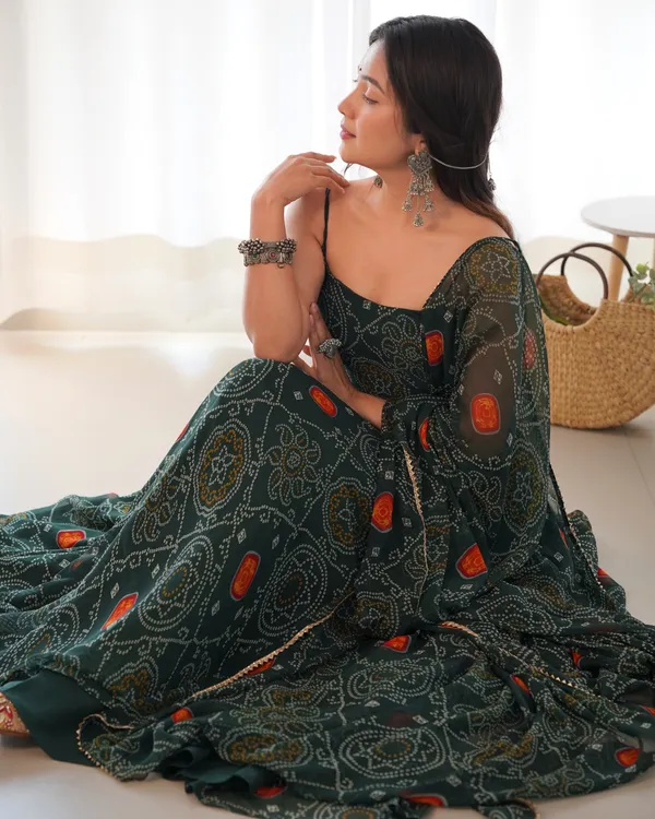 Bottle_Green_Pure_Soft_Lightweight_Chiffon_Bandhej_Fabric_Inner_Micro_Cotton_Kurti_Set_For_Women_Fully_Stitched