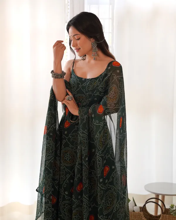 Bottle_Green_Pure_Soft_Lightweight_Chiffon_Bandhej_Fabric_Inner_Micro_Cotton_Kurti_Set_For_Women_Fully_Stitched