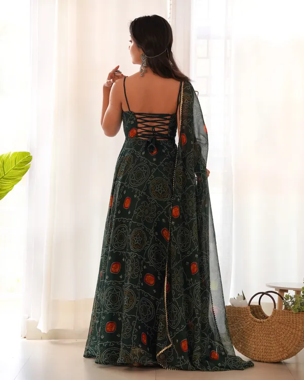 Bottle_Green_Pure_Soft_Lightweight_Chiffon_Bandhej_Fabric_Inner_Micro_Cotton_Kurti_Set_For_Women_Fully_Stitched