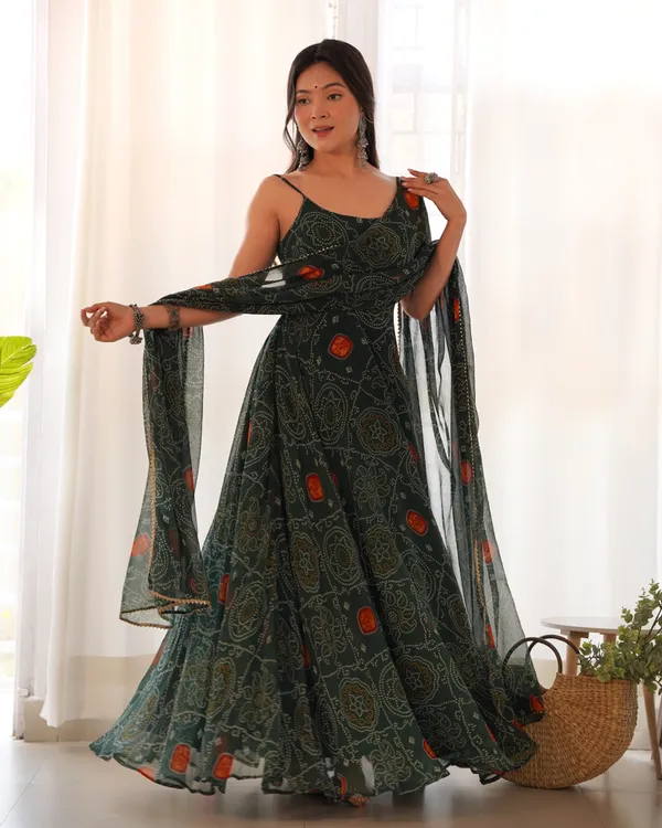 Bottle_Green_Pure_Soft_Lightweight_Chiffon_Bandhej_Fabric_Inner_Micro_Cotton_Kurti_Set_For_Women_Fully_Stitched