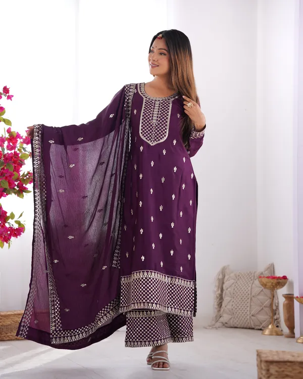 Wine_Pure_Chinon_Silk_Fabric_Kurta_Set_For_Women
