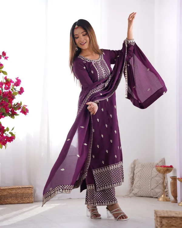 Wine_Pure_Chinon_Silk_Fabric_Kurta_Set_For_Women
