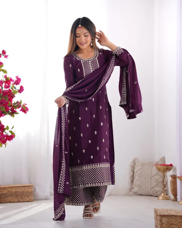 Wine_Pure_Chinon_Silk_Fabric_Kurta_Set_For_Women