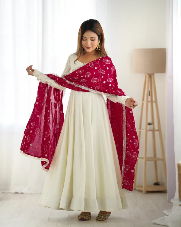White_With_Rani_Pink_Dupatta_Heavy_Pure_Soft_Vichitra_Silk_Kurti_Set_For_Women_Fully_Stitched