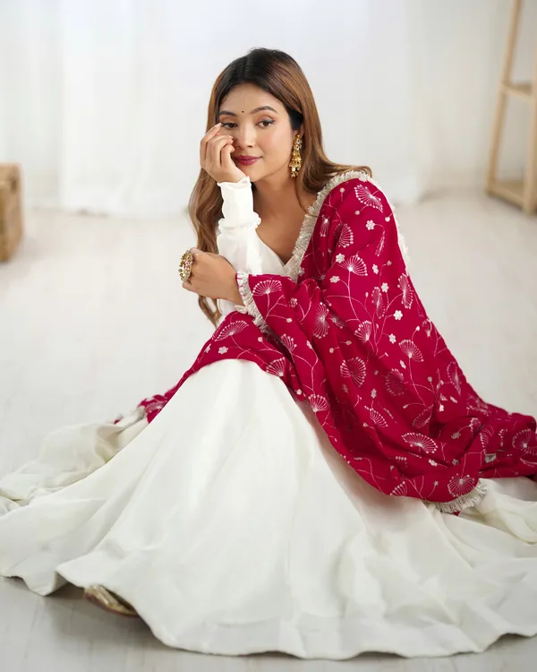White_With_Rani_Pink_Dupatta_Heavy_Pure_Soft_Vichitra_Silk_Kurti_Set_For_Women_Fully_Stitched