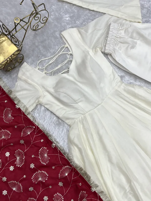 White_With_Rani_Pink_Dupatta_Heavy_Pure_Soft_Vichitra_Silk_Kurti_Set_For_Women_Fully_Stitched