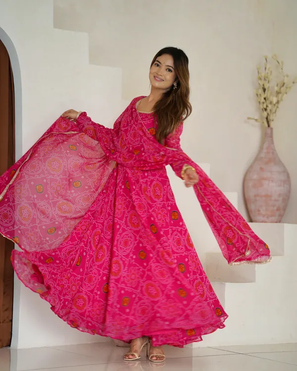 Ranipink_Pure_Soft_Lightweight_Chiffon_Bandhej_Fabric_Inner_Micro_Cotton_Anarkali_For_Women_Fully_Stitched