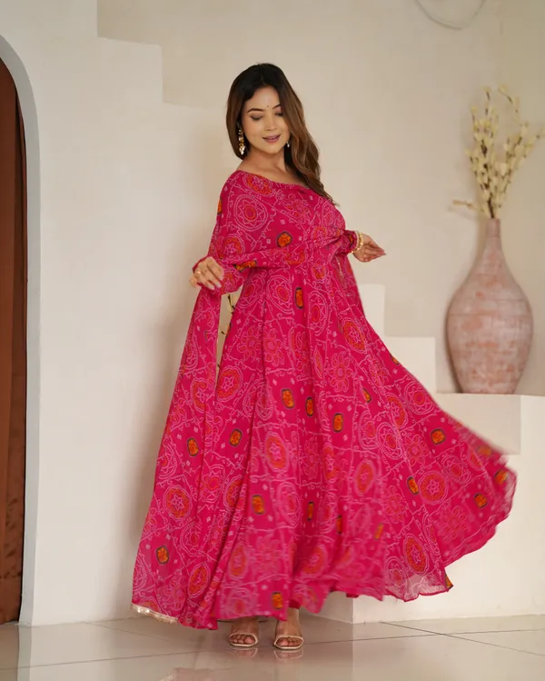 Ranipink_Pure_Soft_Lightweight_Chiffon_Bandhej_Fabric_Inner_Micro_Cotton_Anarkali_For_Women_Fully_Stitched