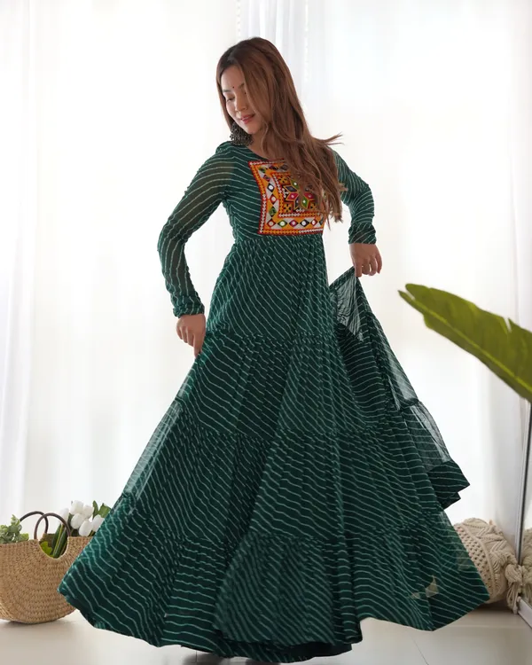 Green_Heavy_Pure_Soft_Fox_Georgette_Laheriya_Print_Gown_For_Women_(_Pack_Of_2_)_Fully_Stitched