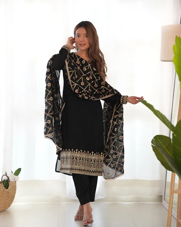 Black_Pure_Blooming_Vichitra_Silk_Fabric_Kurta_Set_For_Women