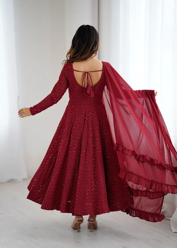 Maroon_Heavy_Pure_Soft_Fox_Georgette_Lucknowi_Sequence_Work_Kurta_Set_For_Women
