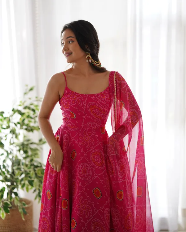 Pink_Pure_Soft_Lightweight_Chiffon_Bandhej_Fabric_Inner_Micro_Cotton_Kurti_Set_For_Women_Fully_Stitched