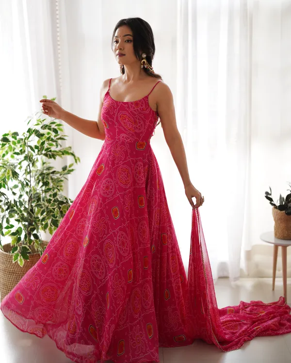 Pink_Pure_Soft_Lightweight_Chiffon_Bandhej_Fabric_Inner_Micro_Cotton_Kurti_Set_For_Women_Fully_Stitched