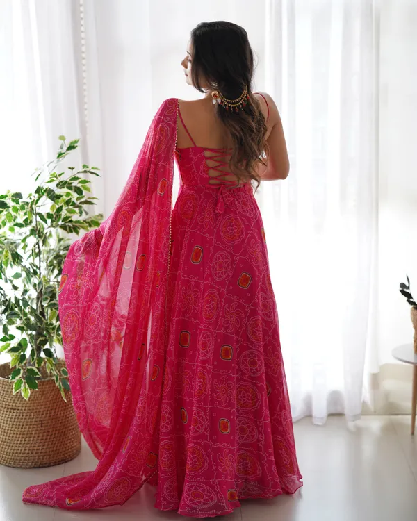 Pink_Pure_Soft_Lightweight_Chiffon_Bandhej_Fabric_Inner_Micro_Cotton_Kurti_Set_For_Women_Fully_Stitched
