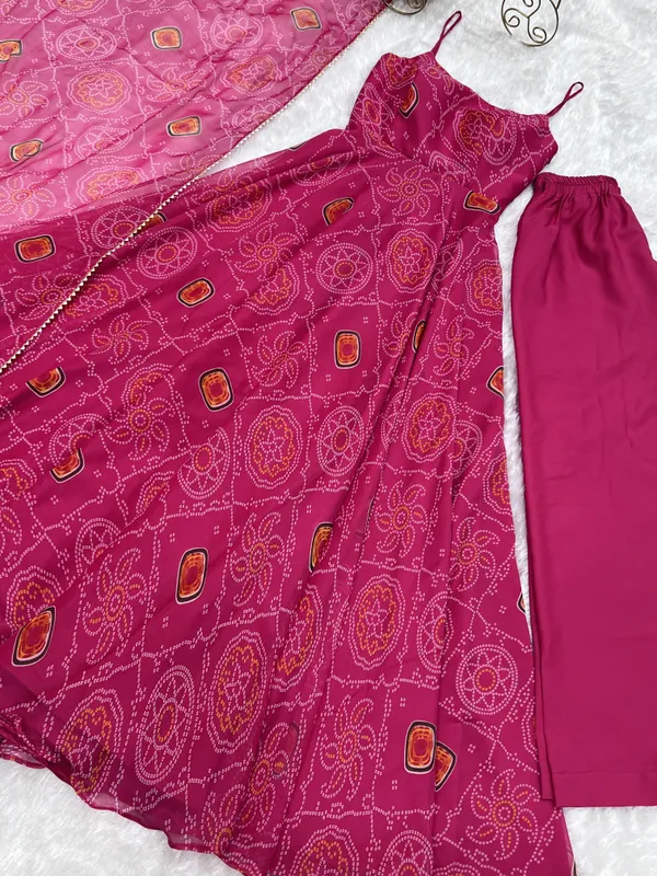 Pink_Pure_Soft_Lightweight_Chiffon_Bandhej_Fabric_Inner_Micro_Cotton_Kurti_Set_For_Women_Fully_Stitched