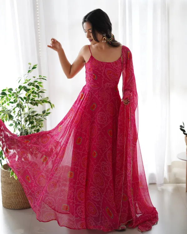 Pink_Pure_Soft_Lightweight_Chiffon_Bandhej_Fabric_Inner_Micro_Cotton_Kurti_Set_For_Women_Fully_Stitched
