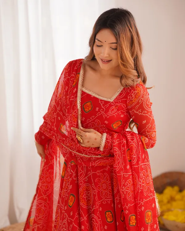 Red_Pure_Soft_Lightweight_Chiffon_Bandhej_Fabric_Inner_Micro_Cotton_Anarkali_For_Women_Fully_Stitched