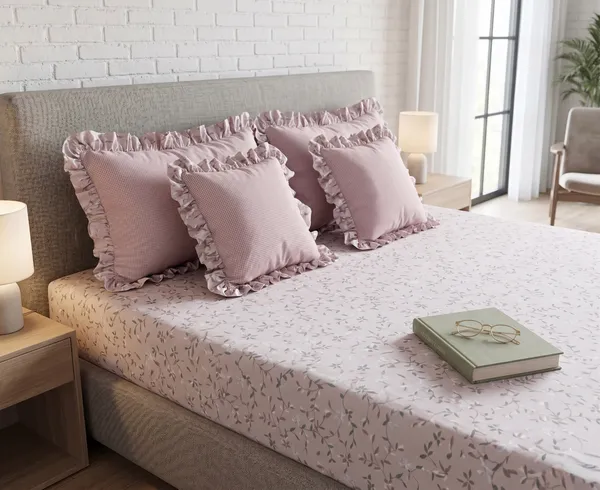 Dreamy_Pink_Floral_Frill_King_size_Bedsheet_Set-_with_filled_cushions