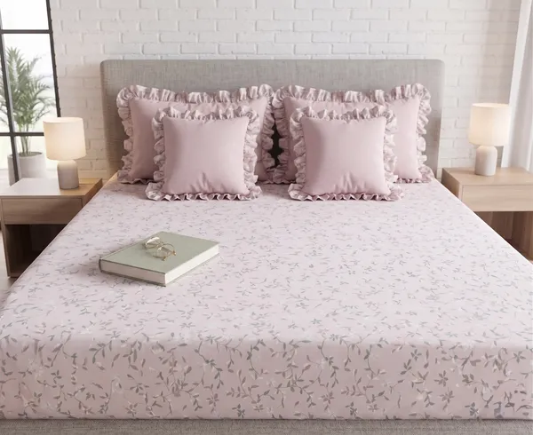 Dreamy_Pink_Floral_Frill_King_size_Bedsheet_Set-_with_filled_cushions