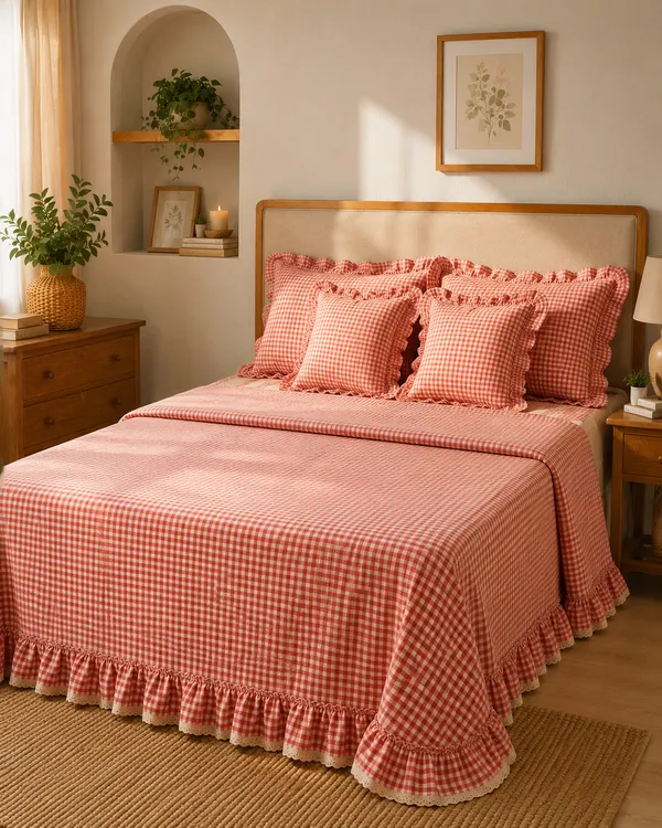 Rosewood_Gingham_Checks_&_Frills_Bedding_Set_-_with_2_Filled_Cushions