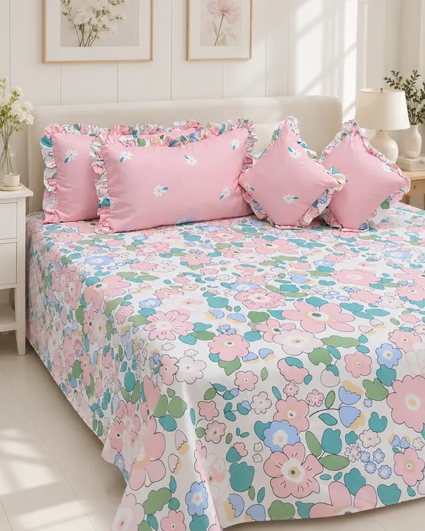 Spring_Bloom_Floral_Frills_Bedsheet_Set_-_with_filled_cushions