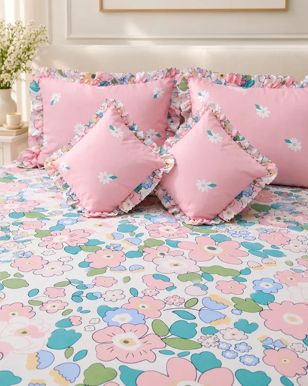 Spring_Bloom_Floral_Frills_Bedsheet_Set_-_with_filled_cushions