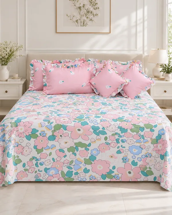 Spring_Bloom_Floral_Frills_Bedsheet_Set_-_with_filled_cushions